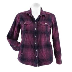 Rare Duluth Trading Co Shacket Women M Black Purple Snap Front Fleece Lined